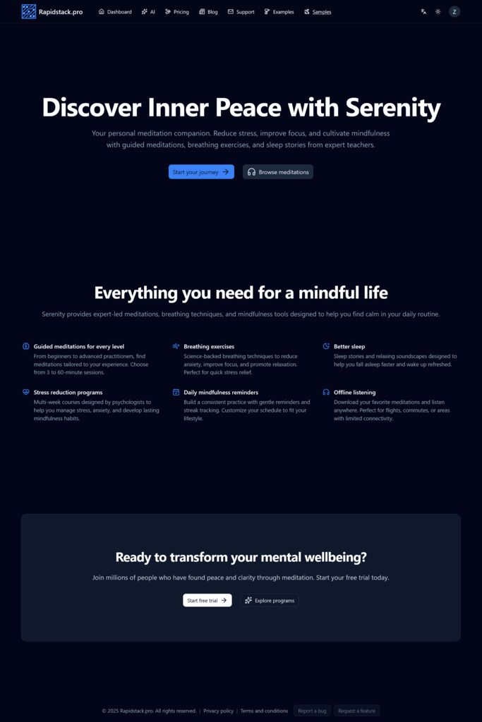 Landing 7 landing page template - dark mode preview